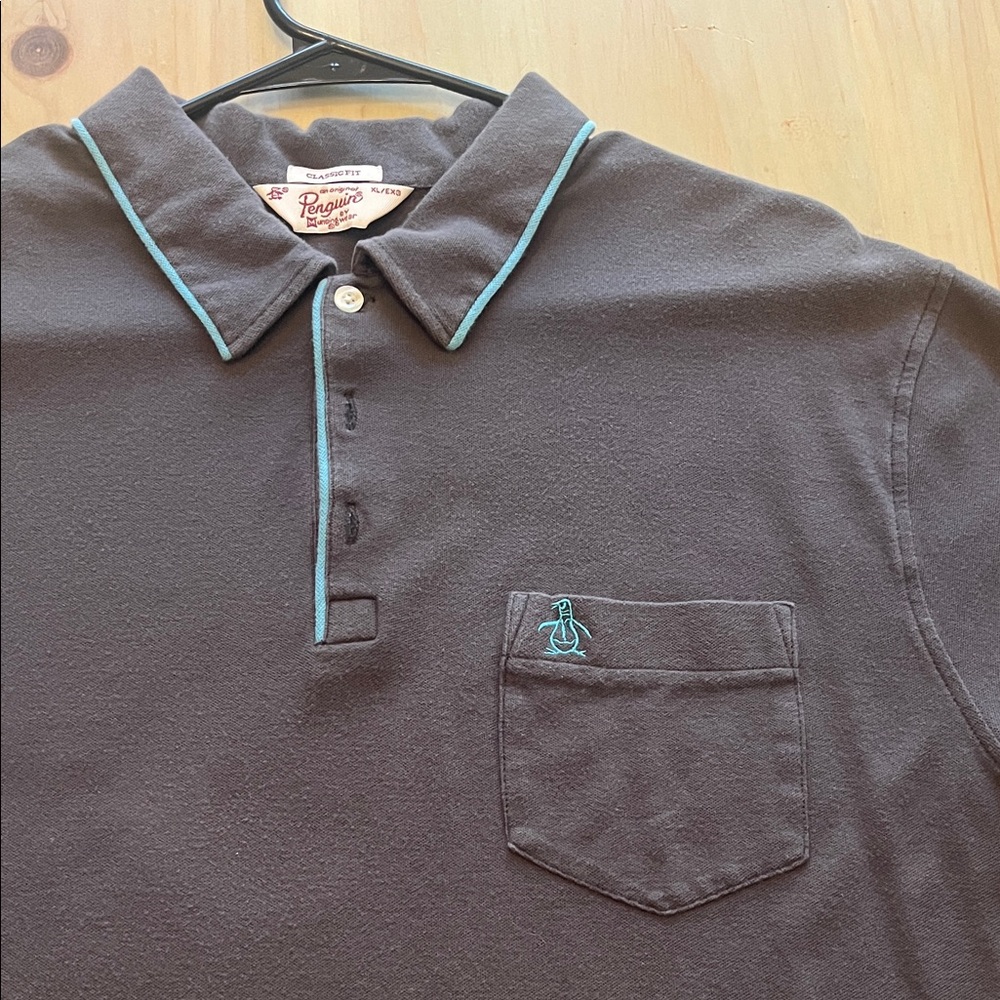 Original Penguin Men's Gray Polo with Baby Blue Accents. Measurements in pics